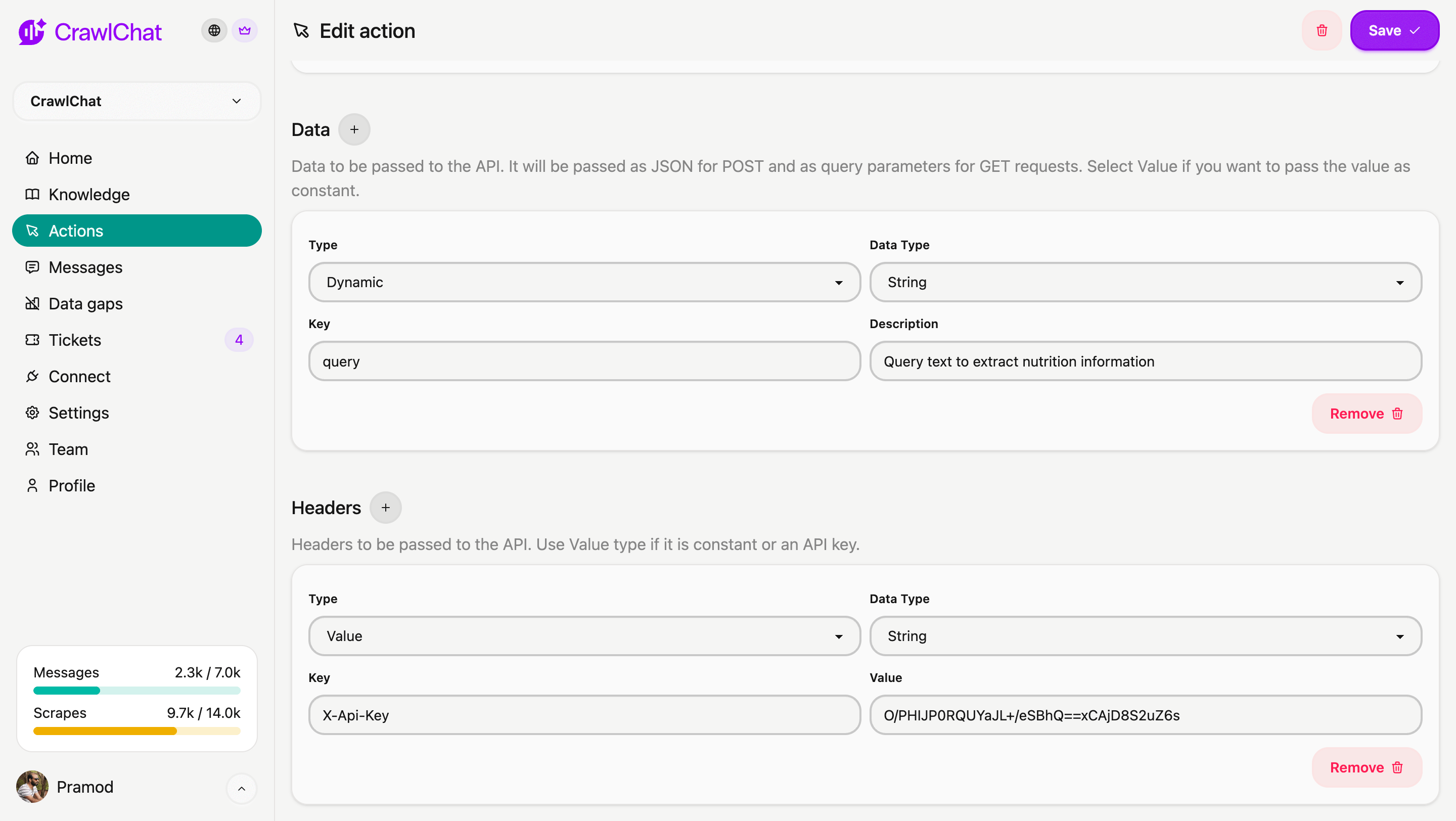Add an action data & headers