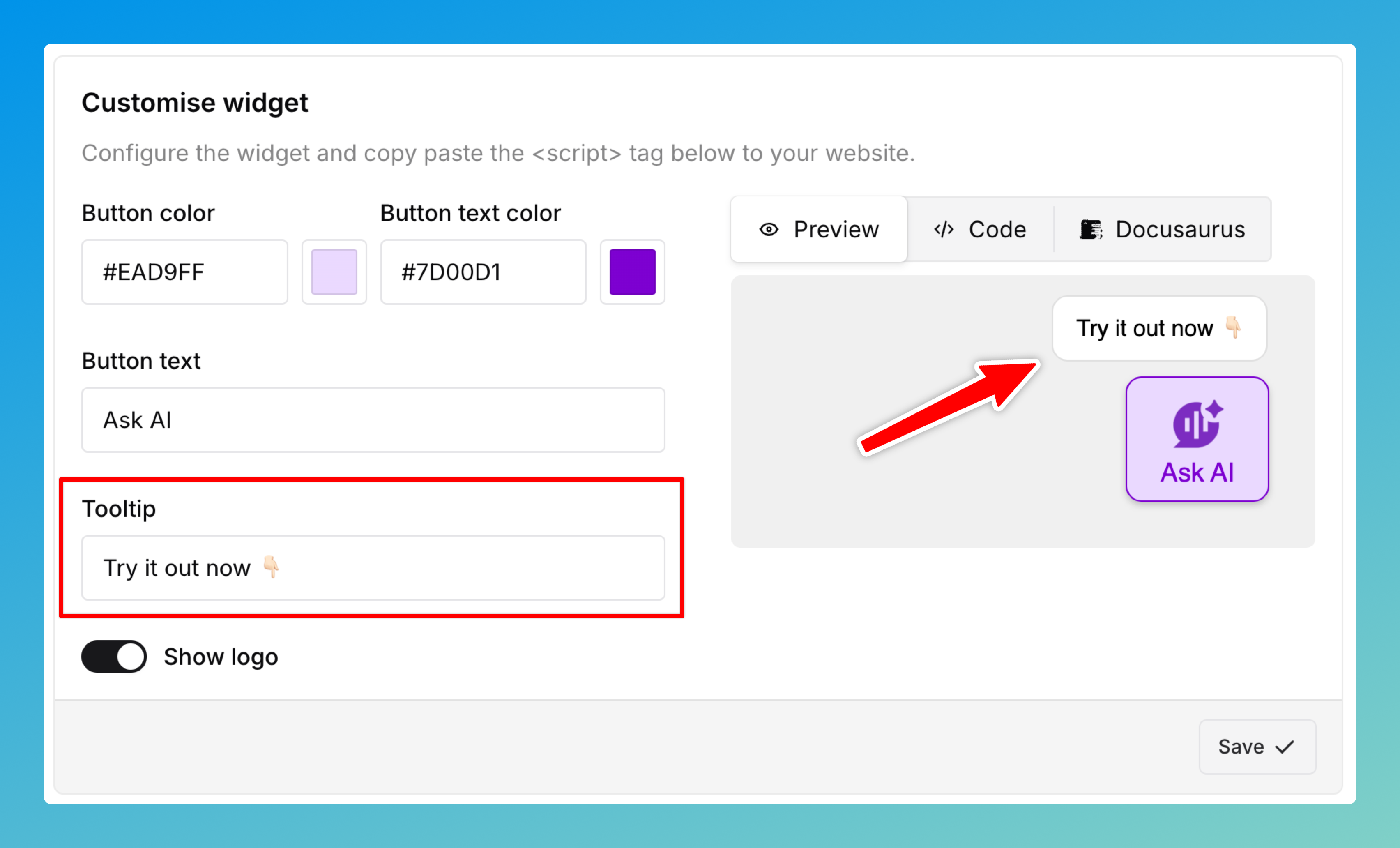 Customise Ask AI button Tooltip